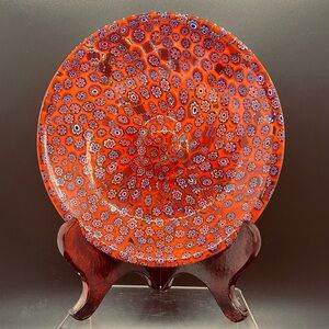 Vintage Murano attributed 6 inch diameter dish. Red, white, blue canes.